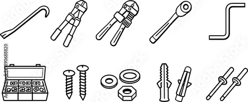 Collection of hand tools and hardware items for construction and repair