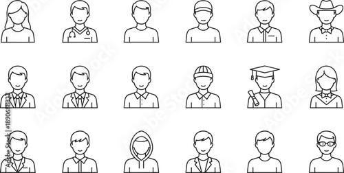 Set of professional user avatar icons featuring various occupations and characters in thin line art style for web interface
