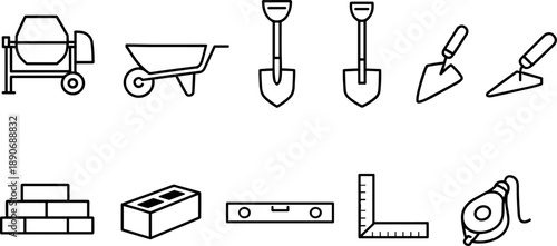 Collection of construction and building tools in a simple line art style