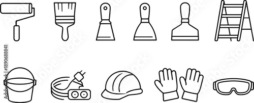 Collection of construction and painting tools and safety equipment icons