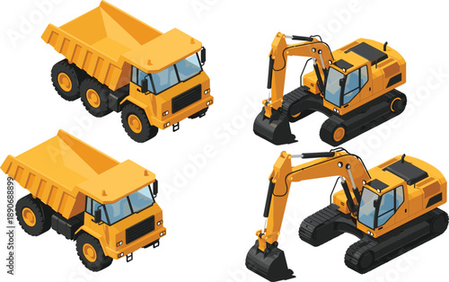 Isometric yellow construction vehicles set featuring dump trucks and hydraulic excavators isolated on white background for heavy machinery industry illustration design engineering concept