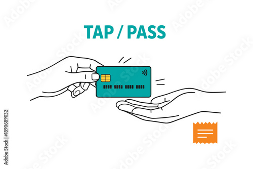 Contactless payment: hands exchanging credit card with tap functionality