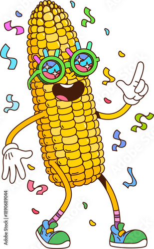 Corn cob groovy funky character or corncob in hippie sunglasses, cartoon vector. Funny sweetcorn cob with happy face and laughing in good vibes and party confetti for food snack groovy character
