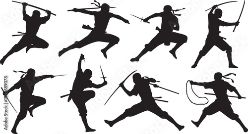 Silhouettes of ninjas performing martial arts with in dynamic poses black white
