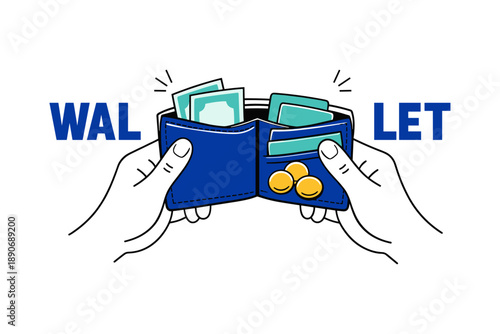 Hands holding open wallet with cash and coins