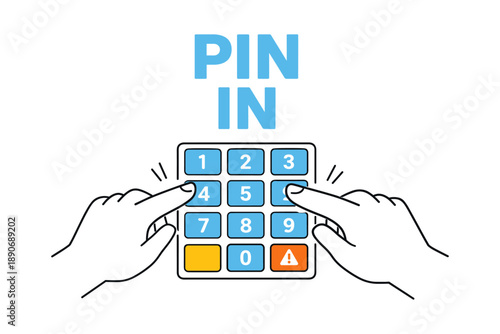 Hands entering pin on numeric keypad illustration with alert symbol