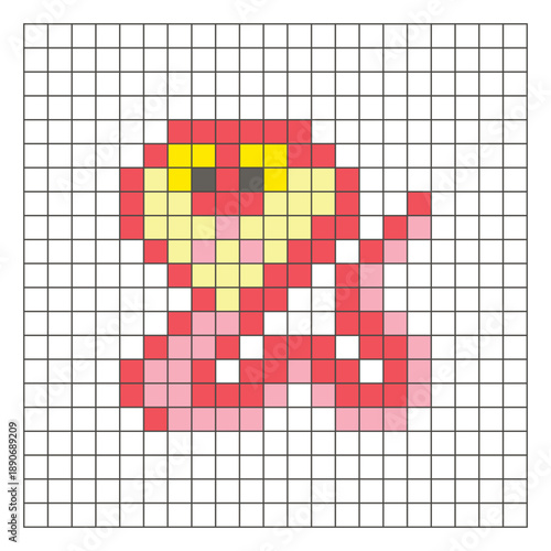 A flat pixel design made of geometric square color blocks on a clean grid layout. Pixel art cobra