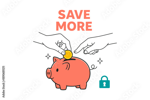 Piggy bank saving concept with coin insertion and security emphasis