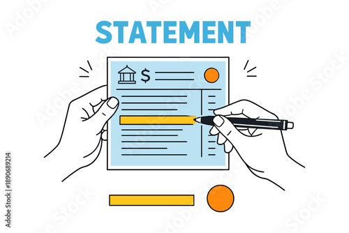 Handwriting on financial statement document with monetary symbols and icons