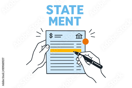 Illustrated financial statement with hands holding and signing document