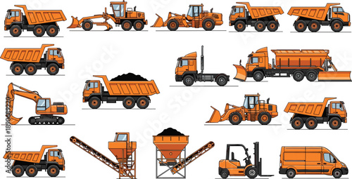 Large construction machinery and transport vehicles collection featuring dump trucks loaders excavators conveyors and industrial equipment isolated on 