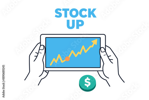 Hands holding tablet with rising stock market graph and dollar symbol illustration