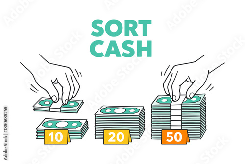 Hands organizing currency into stacks with labels indicating different amounts