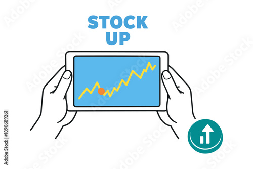 Tablet held by hands displaying stock market growth chart with upward arrow icon