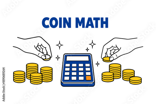 Hands counting coins with calculator - coin math concept