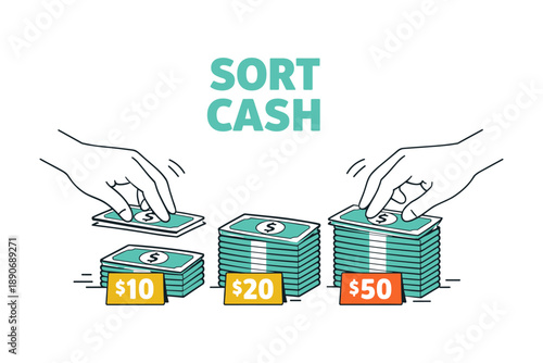 Illustration of sorting cash into stacks of $10, $20, $50 with hands