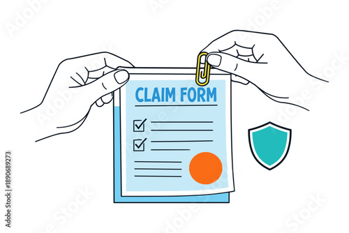 Hands holding insurance claim form with paperclip and shield icon
