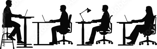 Office workers using laptops silhouette set in black and white flat vector style, business people illustration collection for workplace concepts, remote work, teamwork, and corporate design use