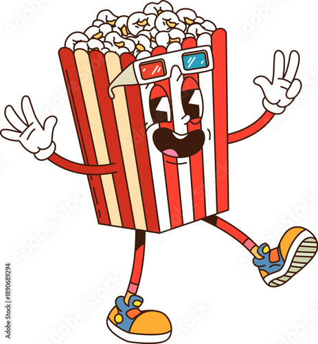 Groovy popcorn bucket for movie or cinema entertainment funky character, cartoon vector. Retro groovy popcorn or cinema movie snack character with funny face in 3D glasses and happy laugh or smile
