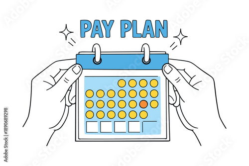 Hands holding calendar with pay plan concept and yellow dates illustration