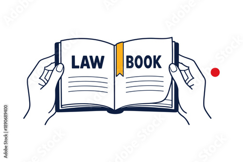 Hands holding law book with bookmark icon on white background