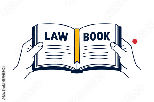 Open law book held by hands with bookmark and red dot illustration