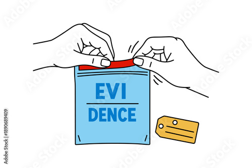 Hands sealing evidence bag with tag – crime investigation concept