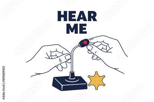 Hands adjusting microphone with sheriff badge illustration