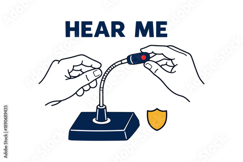 Hands adjusting microphone with protective shield icon