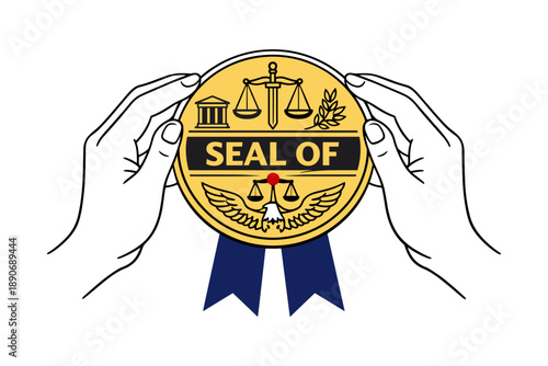 Hands holding gold seal of justice with scales symbol and blue ribbons