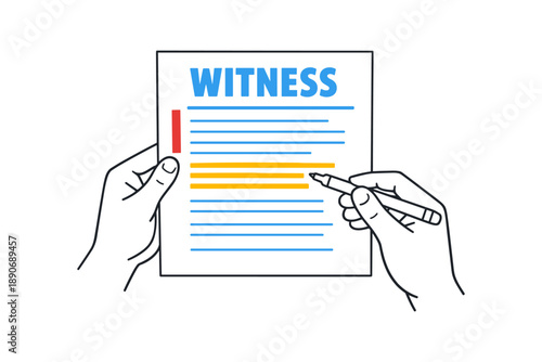 Hands holding witness document with highlighted sections in blue and yellow