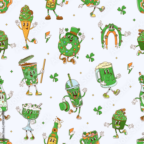 Cartoon groovy hippie Patrick's Day sweets and drinks seamless pattern, vector background. St Patrick Day Irish holiday pattern of groovy rainbow with funky ale beer bottle and cupcake with funny face