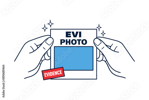 Hands holding evidence photo with blue square and red evidence label