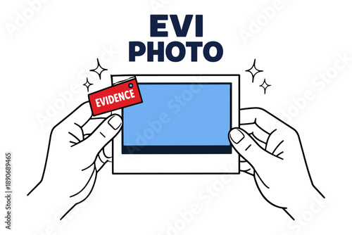 Hands holding evidence photo with red tag and blue sky background
