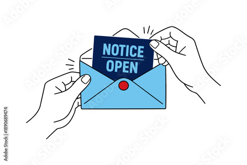 Hands opening blue envelope with notice inside