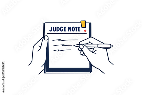 Illustration of hands writing judge note on clipboard with pen
