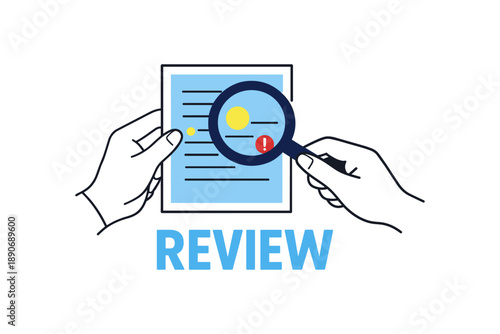 Hands holding document with magnifying glass for review and analysis