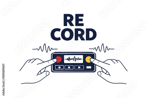 Hands pressing record button on audio recorder with waveforms
