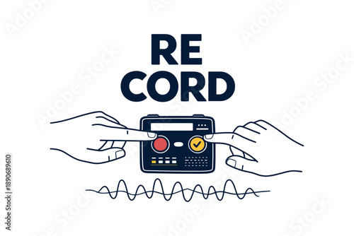 Hands pressing buttons on recording device with sound waves below