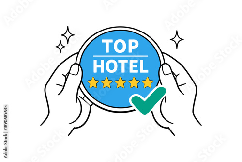 Top hotel award emblem with five stars and tick mark held by hands