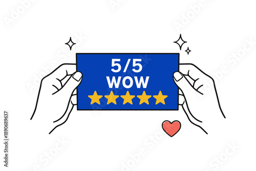Hands holding card with 5-star rating and heart symbol
