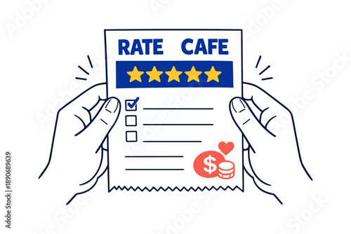 Customer review cafe rating five stars checklist with cost indicator