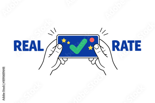 Real rate approval concept: checkmark and stars on smartphone screen