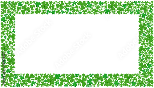 Shamrock clover frame for happy Saint Patrick's day greetings. Vector rectangular border with green leaves. Irish holiday layout template with lucky clovers, festive spring celebration background