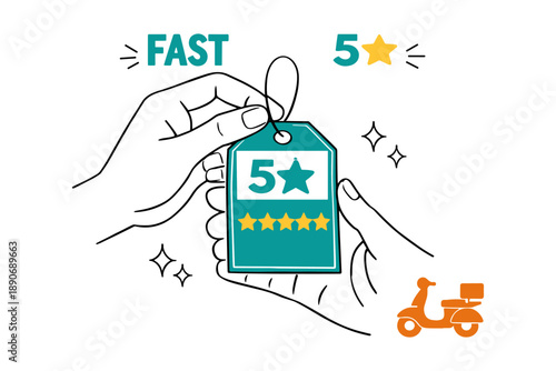 Hands holding five-star tag with scooter and fast text elements