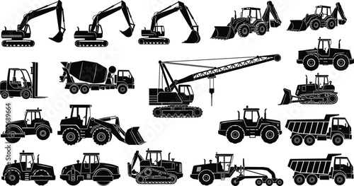 Set of construction machinery silhouettes including excavators, cranes, loaders, bulldozers, dump trucks, concrete mixers and heavy equipment vehicles isolated on white background