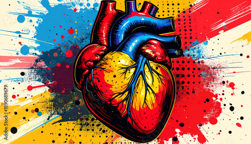 Colorful abstract human heart grunge background with a traditional Chinese dragon mask pattern inspired by carnival art and culture