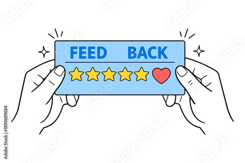Feedback card with five stars and heart symbol held by hands