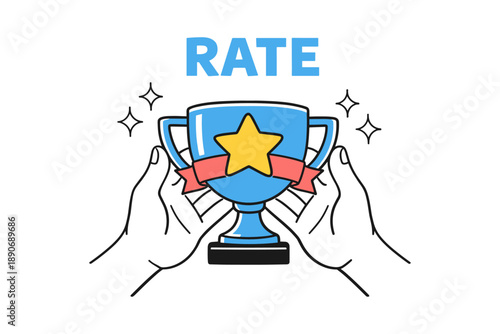 Hands holding trophy with star emblem and rate text