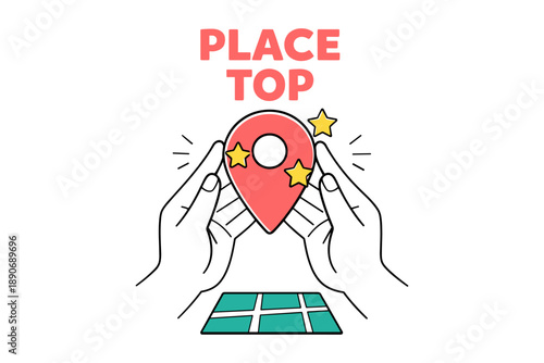 Hands holding location pin with stars on map - top place concept illustration